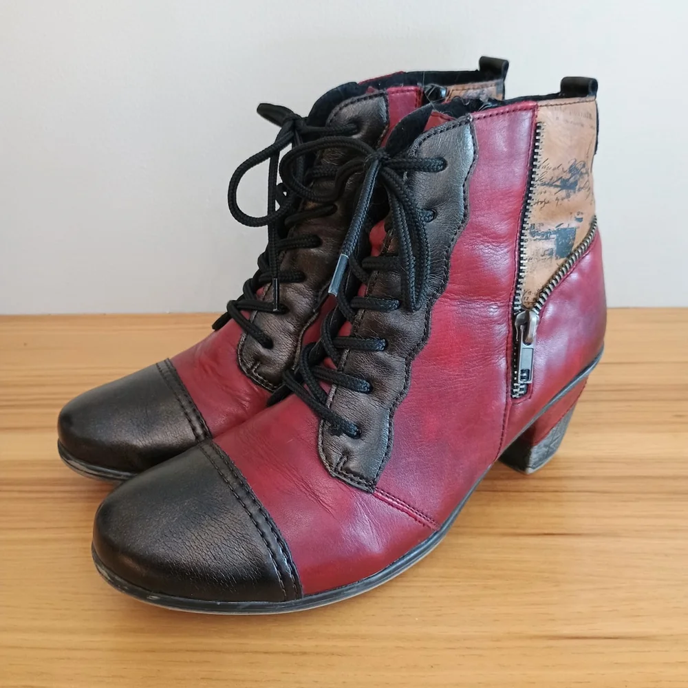 Remonte Dorndorf Red Heeled Leather Lace up Booties Boots Side Zip Womens 37